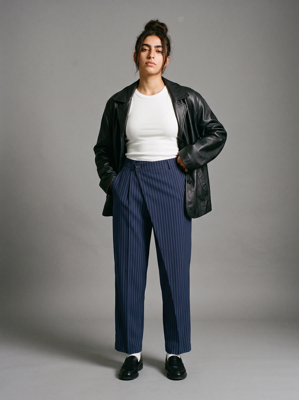 Navy Draped Pinstripe Pants