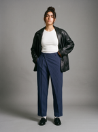 Navy Draped Pinstripe Pants