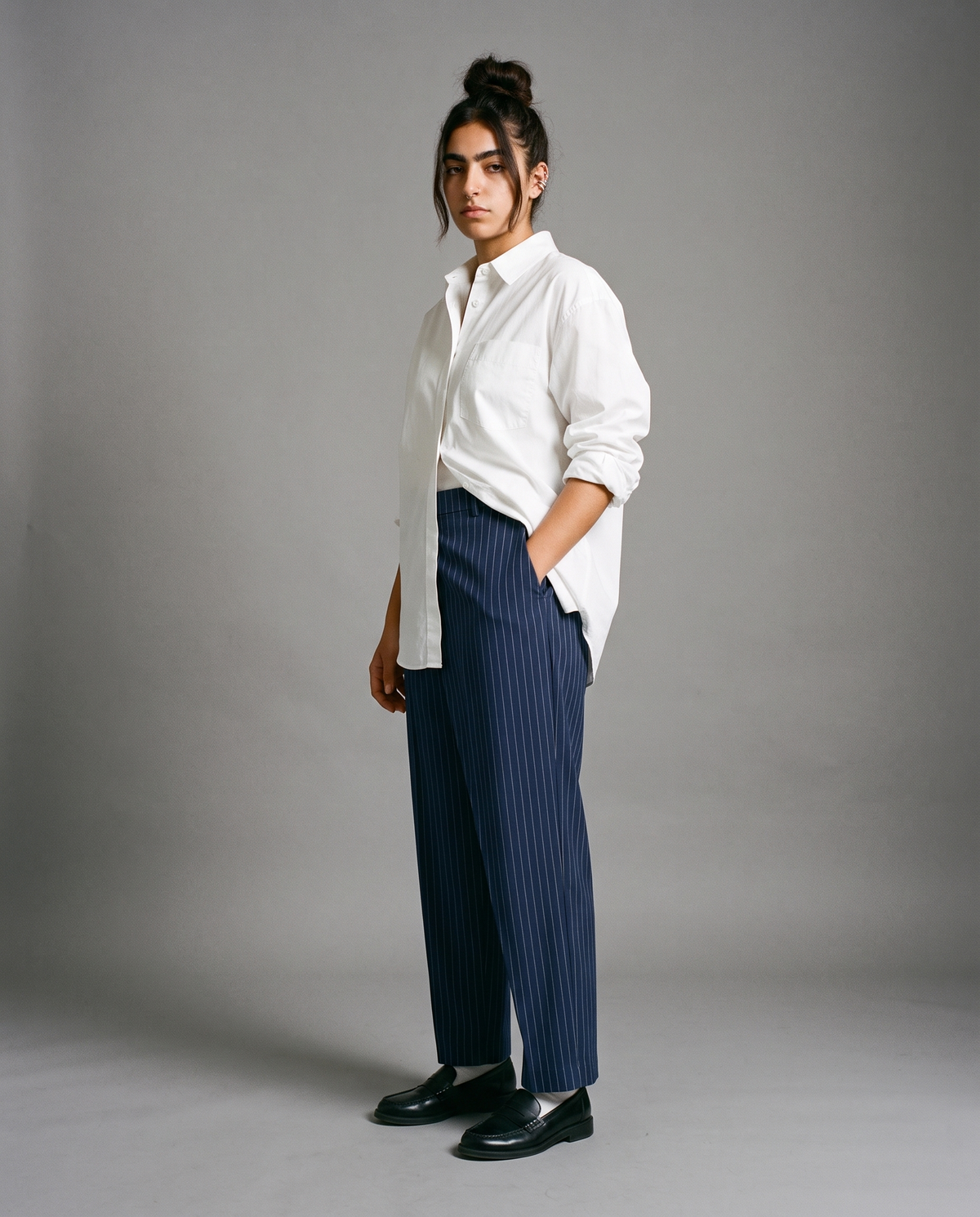 Navy Draped Pinstripe Pants