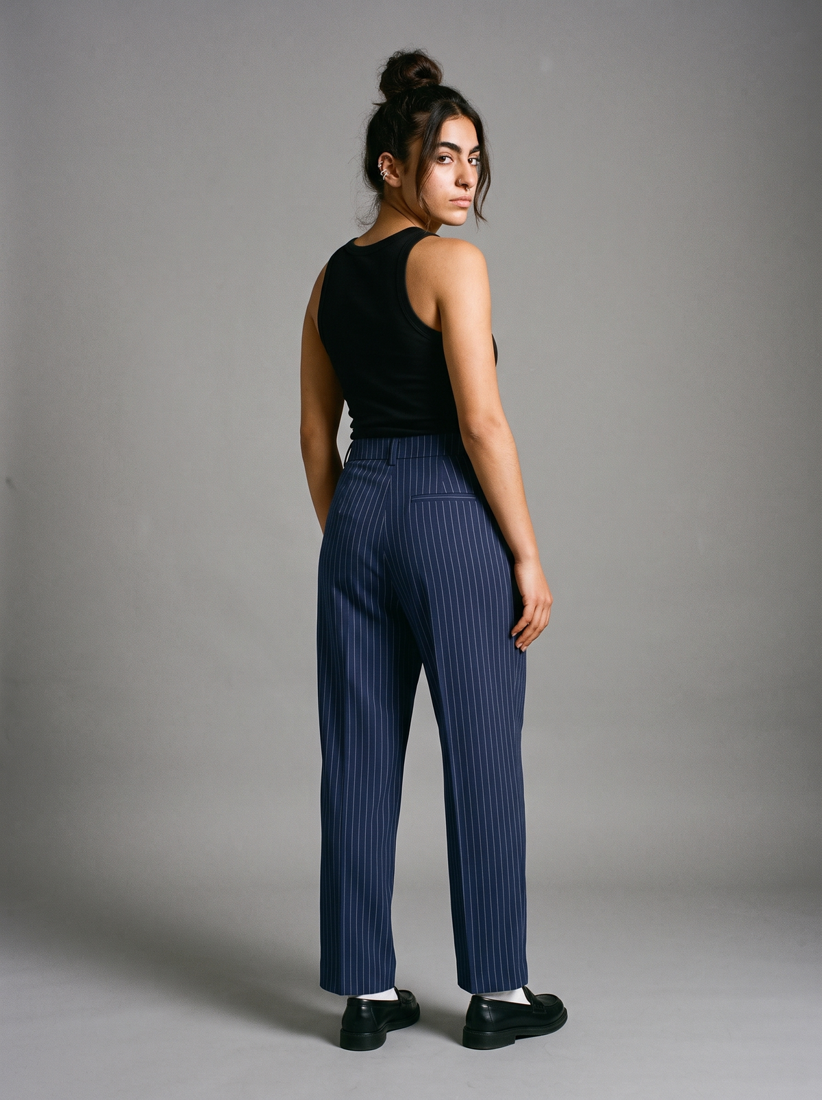 Navy Draped Pinstripe Pants