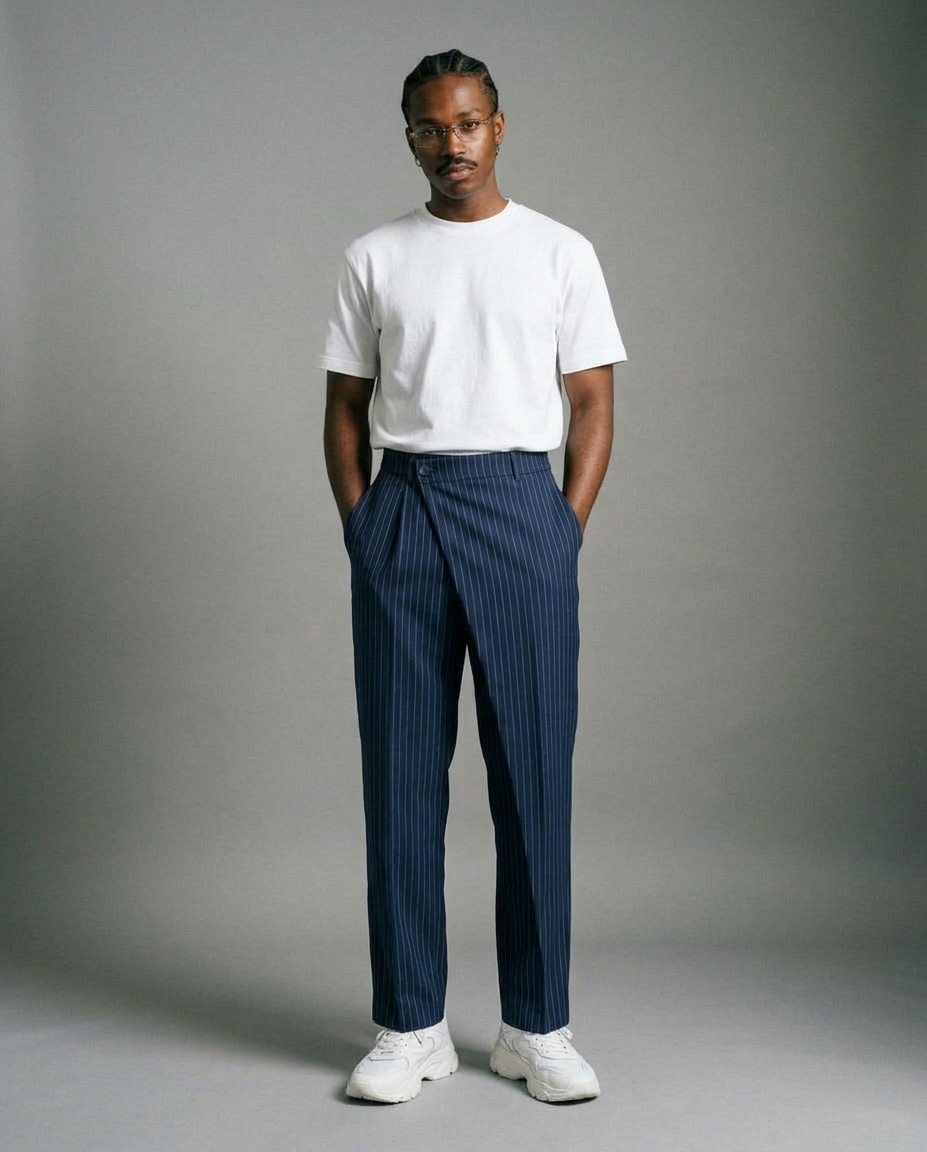 Navy Layered Pinstripe Pants