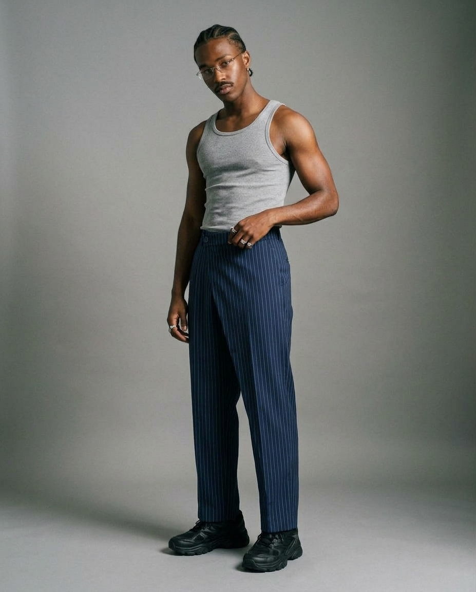 Navy Layered Pinstripe Pants
