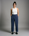 Navy Draped Pinstripe Pants