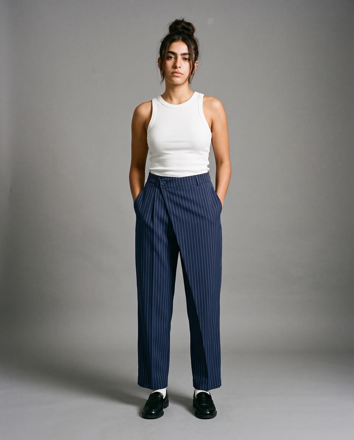 Navy Draped Pinstripe Pants