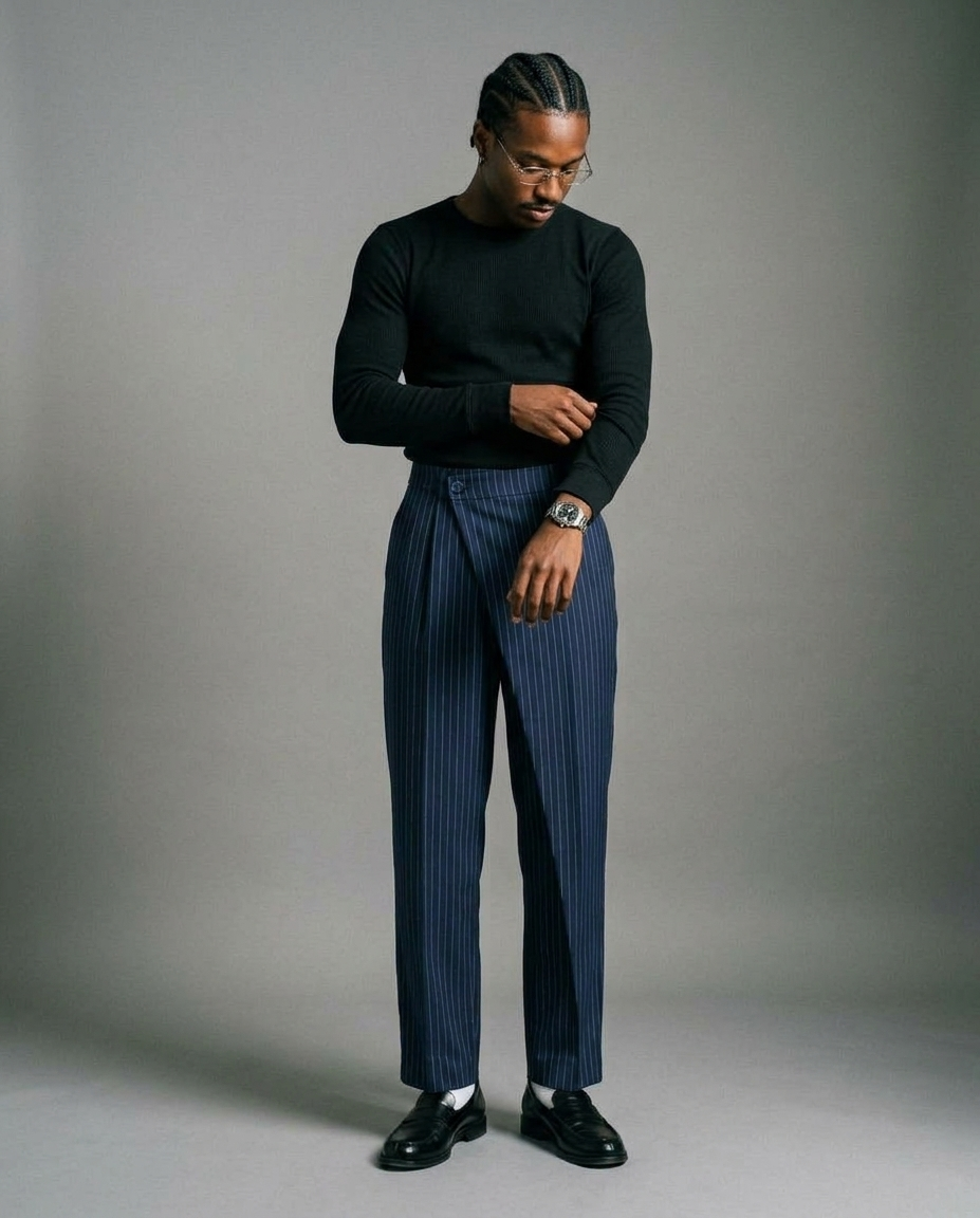 Navy Layered Pinstripe Pants