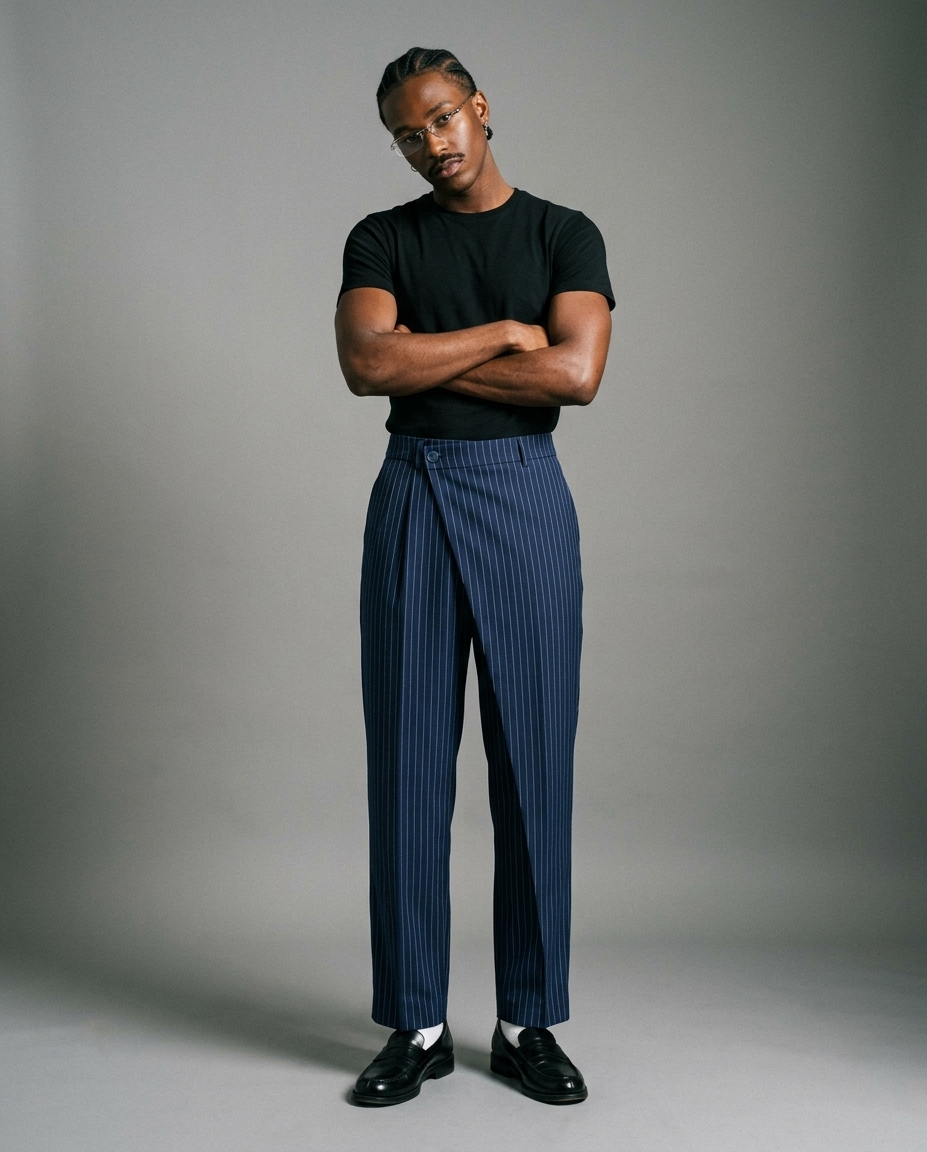 Navy Layered Pinstripe Pants