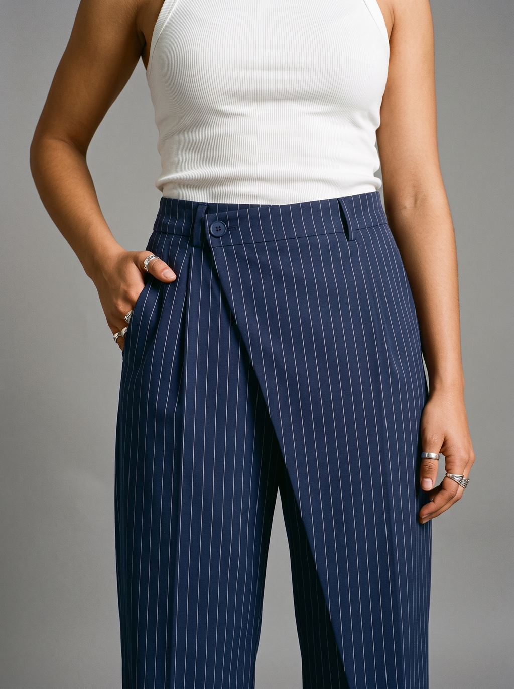 Navy Draped Pinstripe Pants