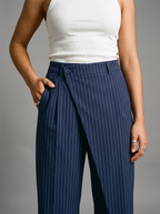 Navy Draped Pinstripe Pants