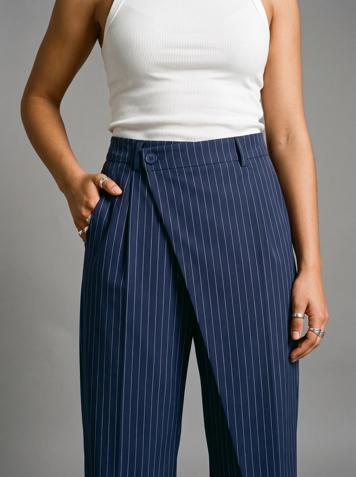 Navy Draped Pinstripe Pants