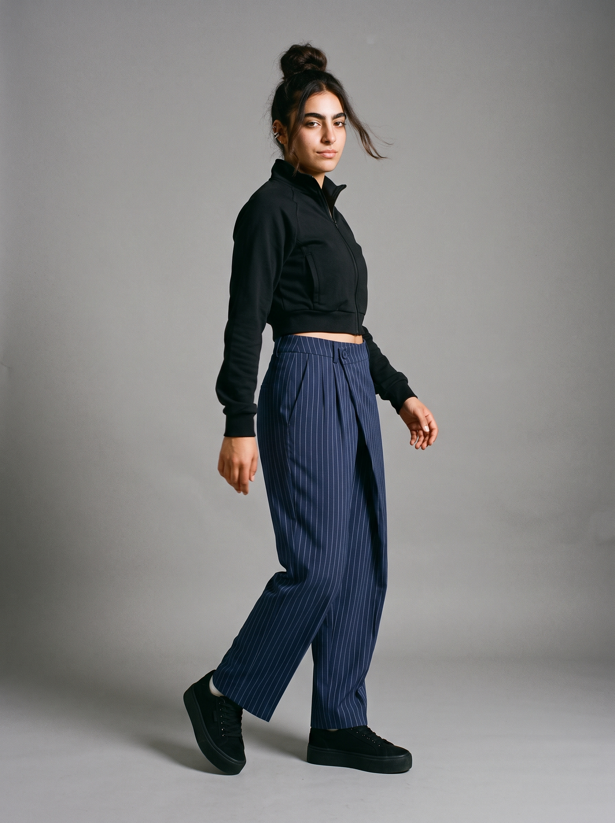 Navy Draped Pinstripe Pants