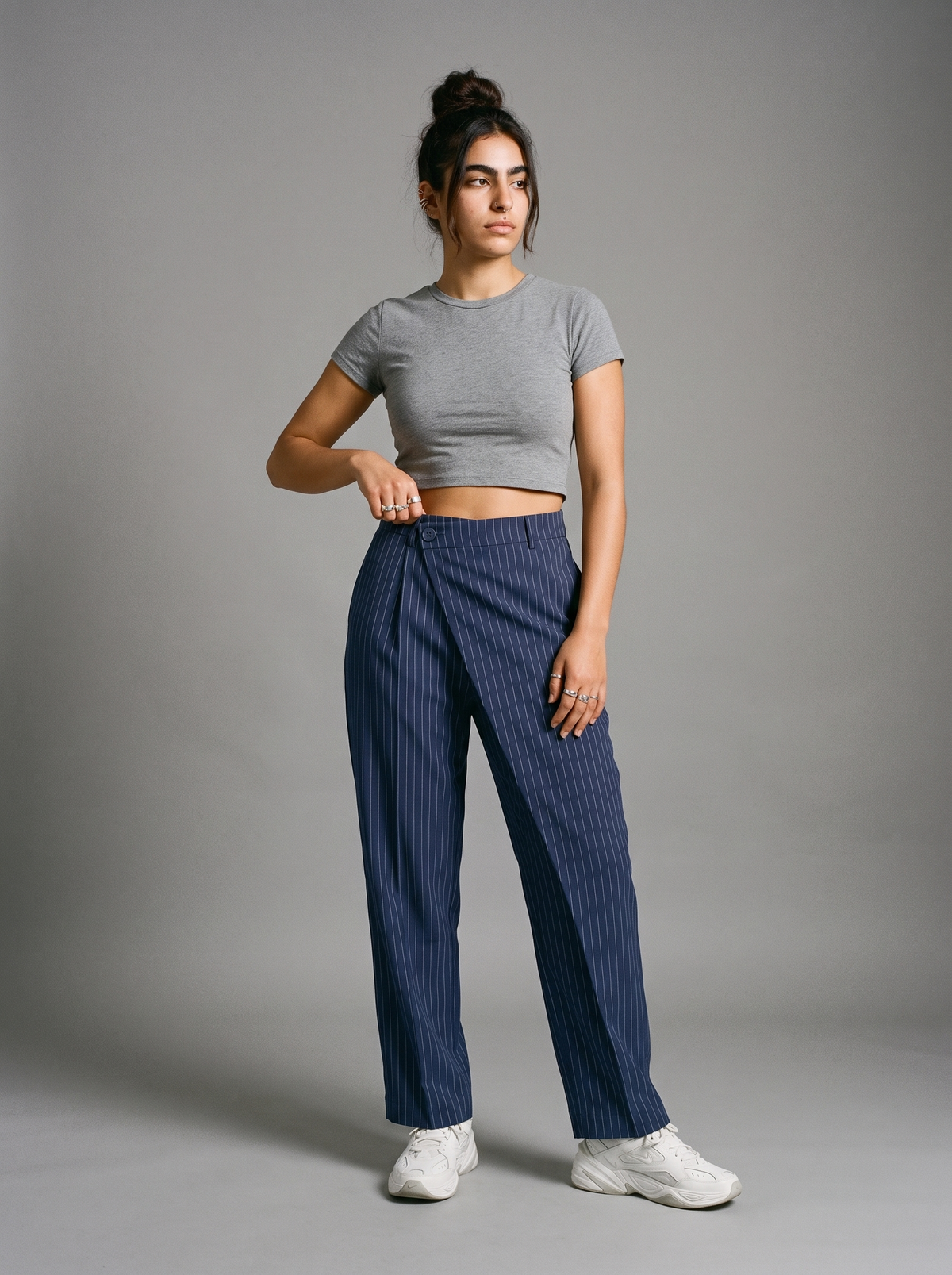Navy Draped Pinstripe Pants