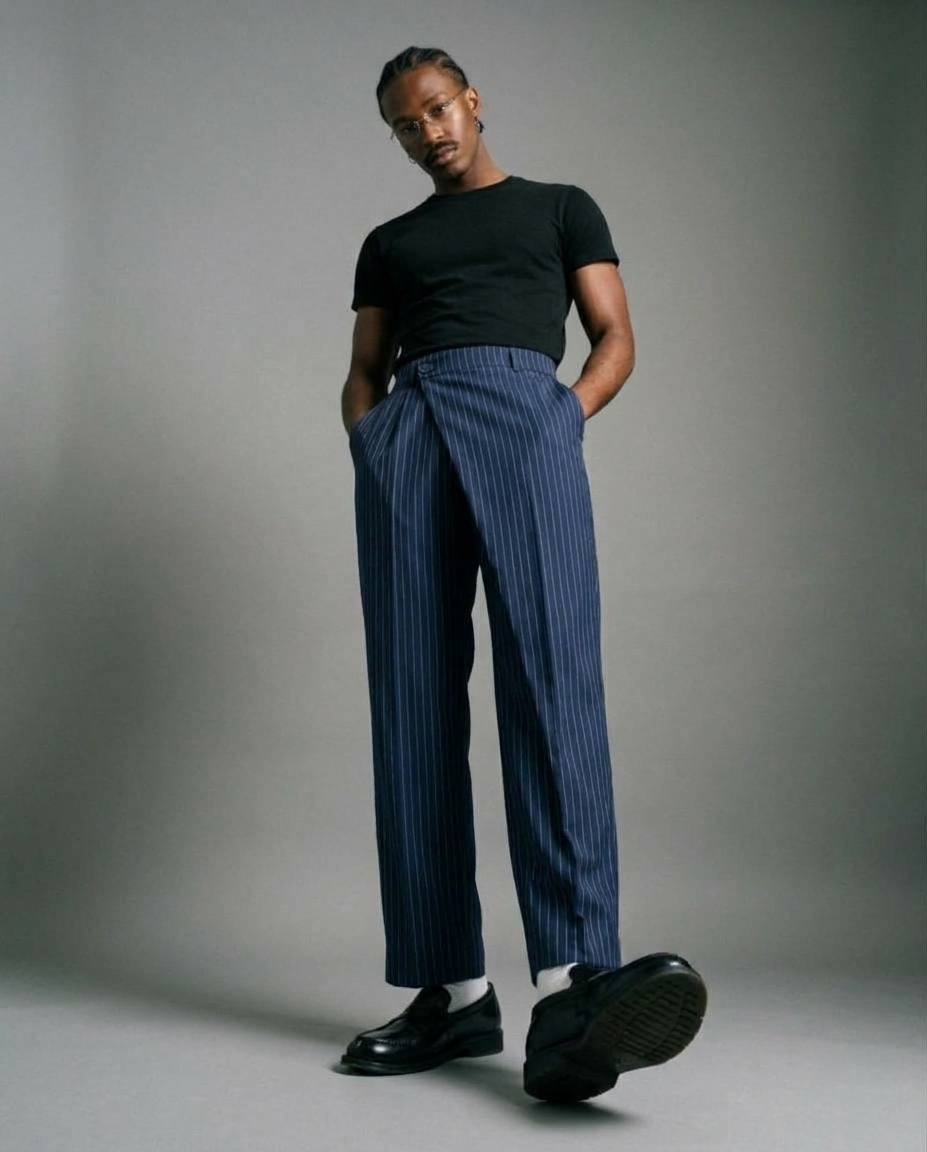 Navy Layered Pinstripe Pants