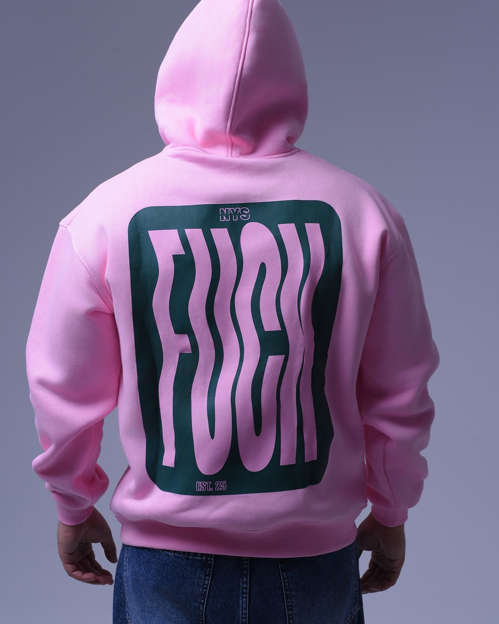 Pink oversized hoodie for unisex with bold black graphic text on the back by NotYourSize2025