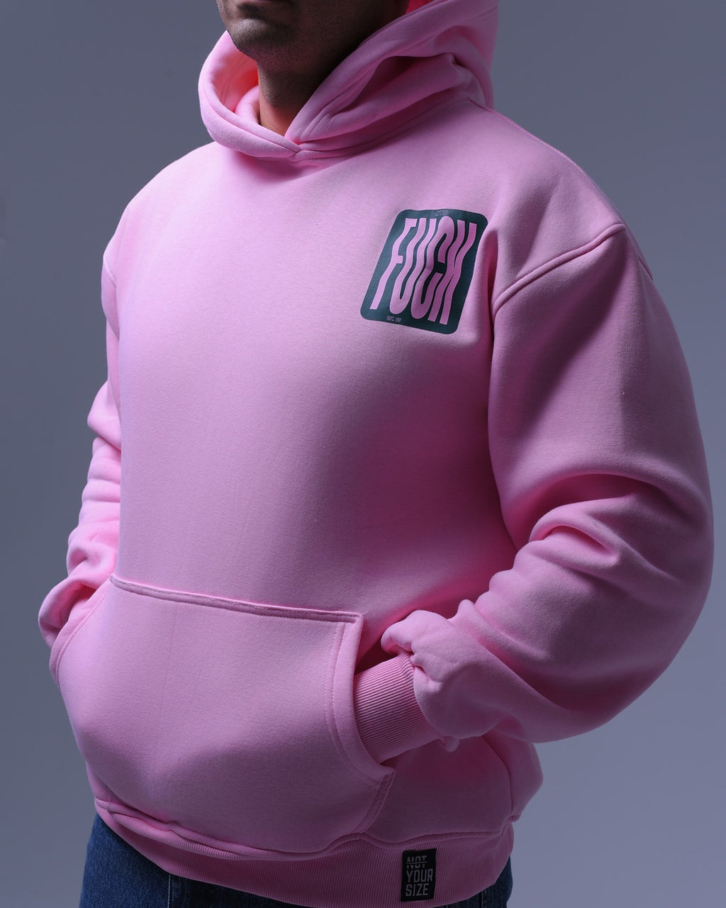 Pink oversized hoodie for unisex by NotYourSize2025 with front pocket and graphic logo on chest